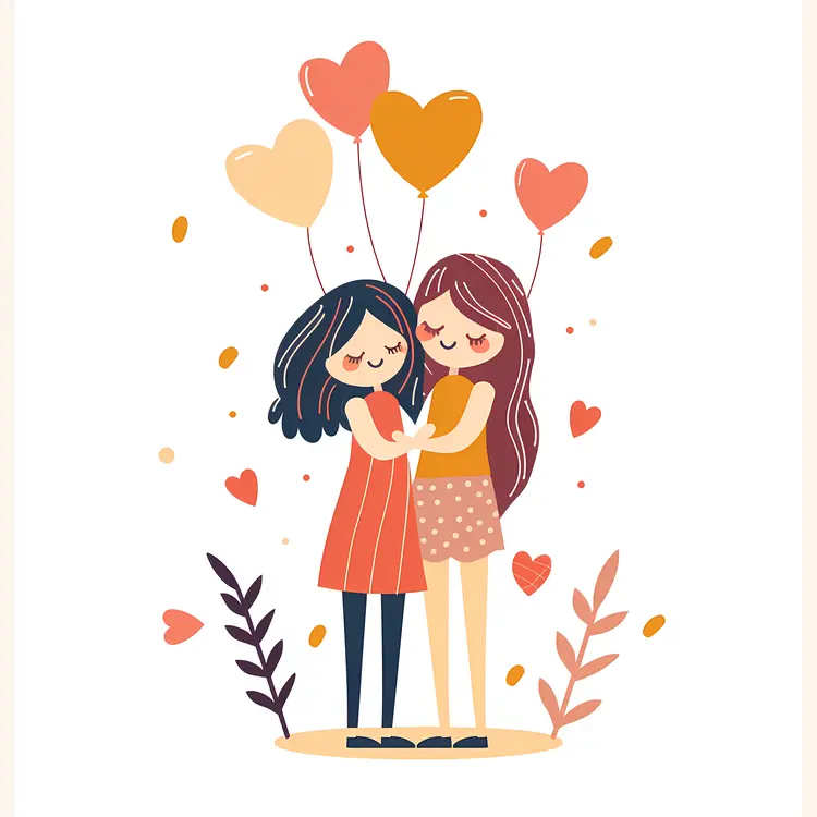 Two Girls Hugging with Heart Balloons