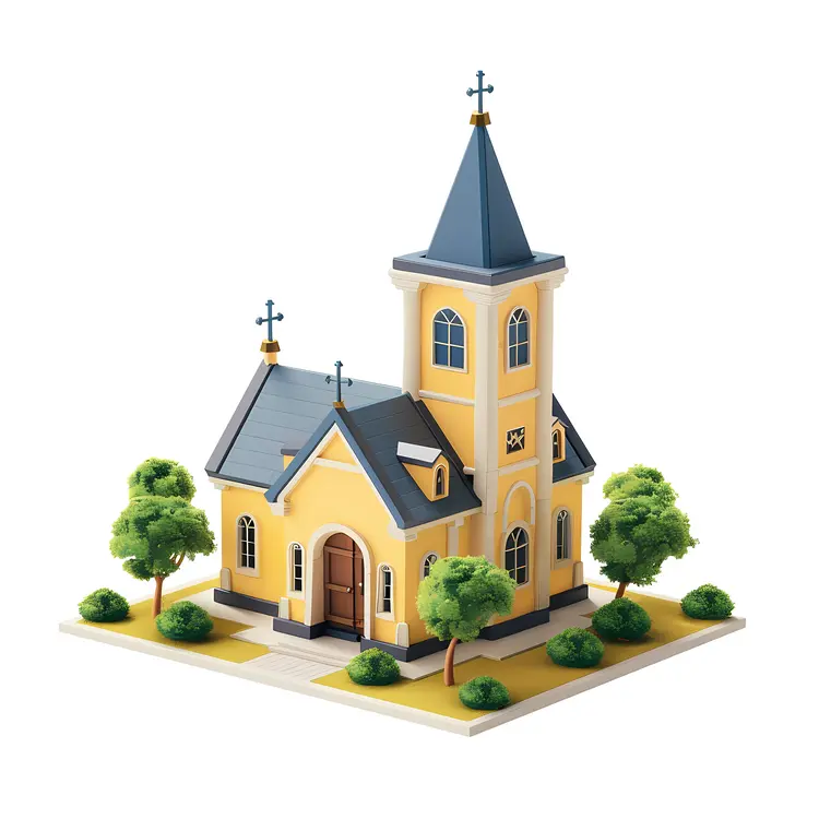 Yellow Church with Trees and Cross