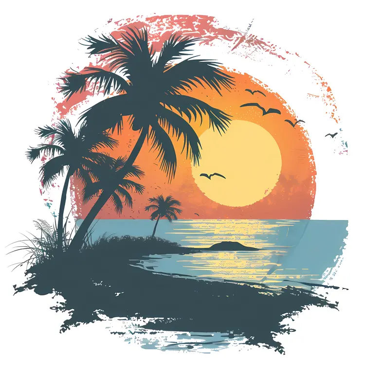 Sunset Beach with Palm Trees and Birds