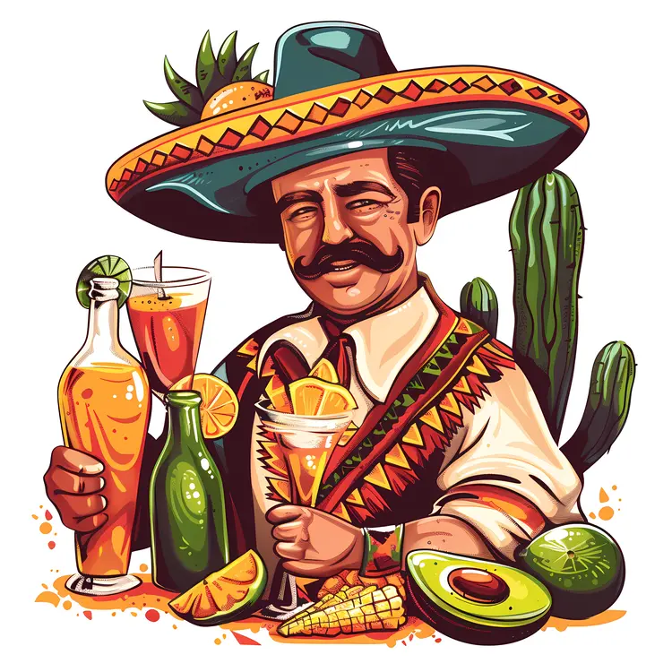 Mexican Man with Drinks and Sombrero