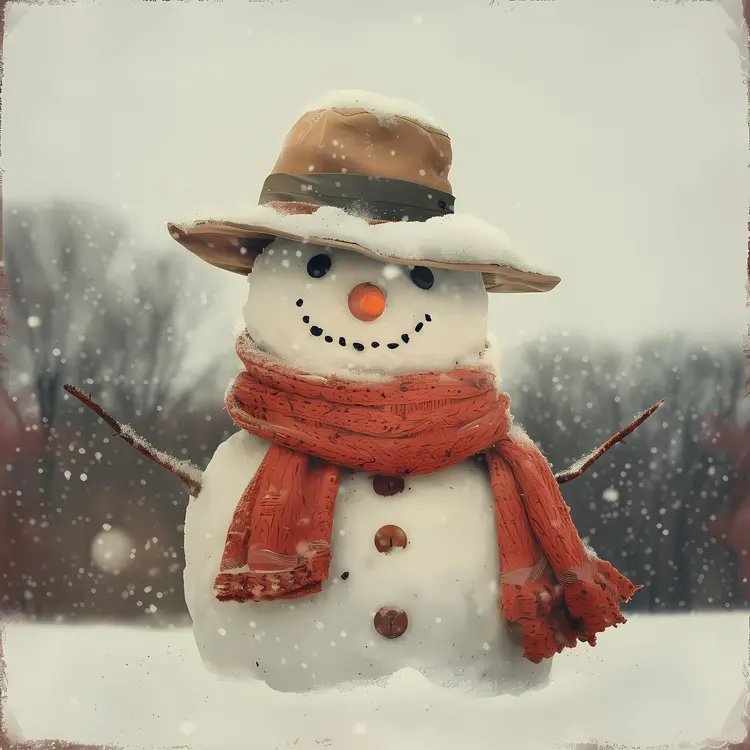 Snowman with Hat and Scarf in Winter Wonderland