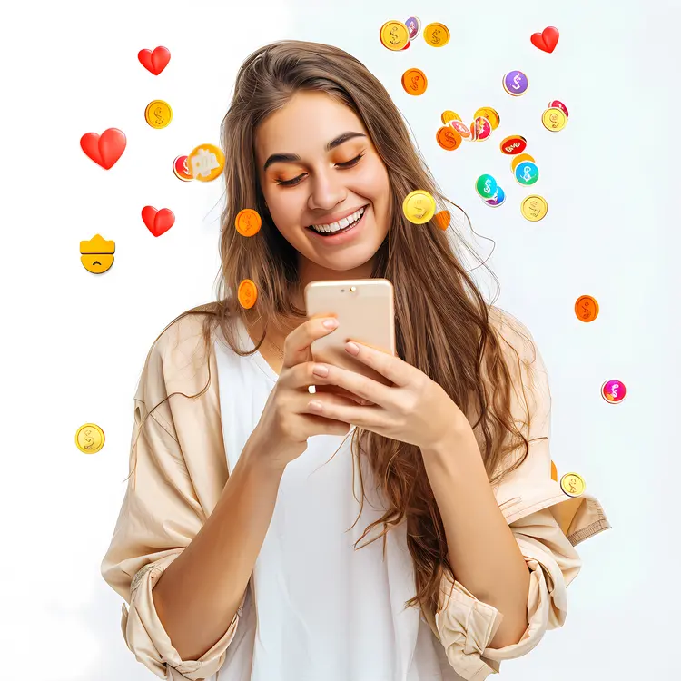 Happy Woman Texting with Emojis