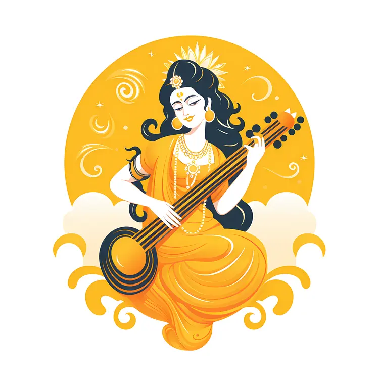 Woman Playing Sitar with Cloud Background Illustration