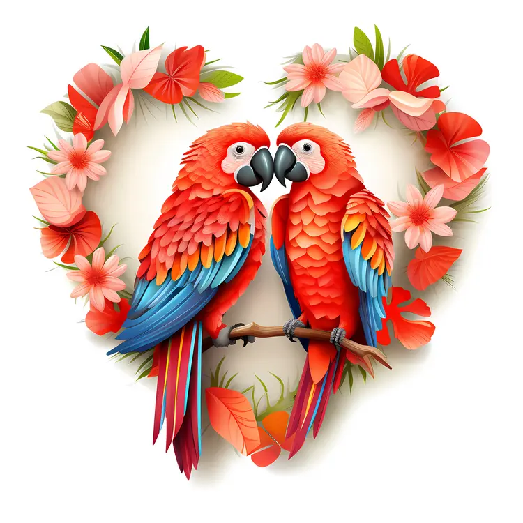 Red Parrots in Heart-Shaped Floral Wreath