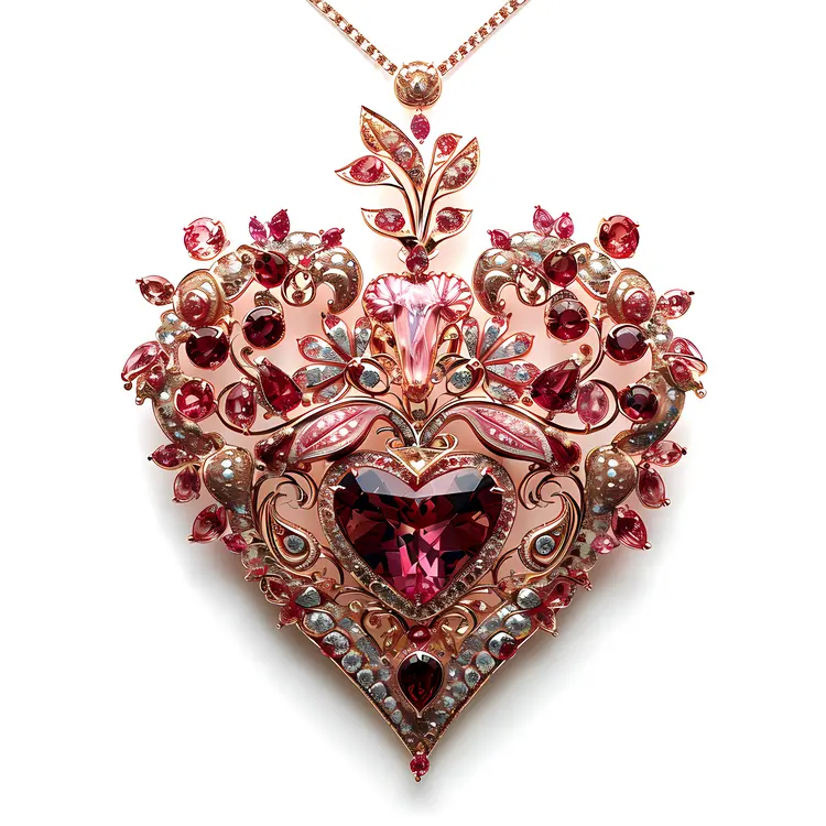 Gold Heart Necklace with Pink Gem