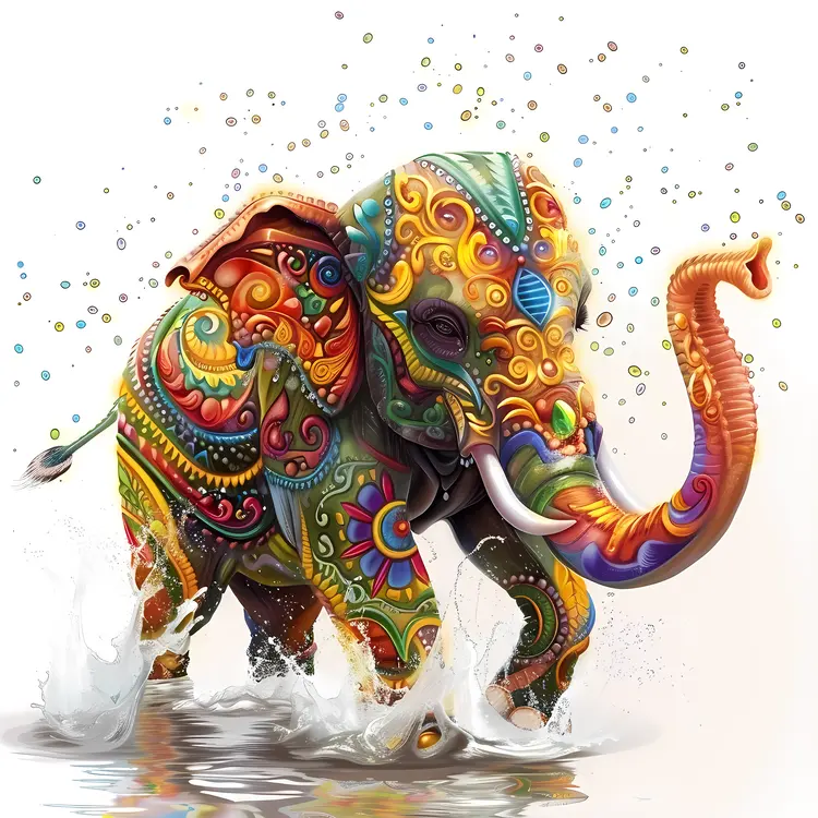 Colorful Artistic Elephant Splashing in Water
