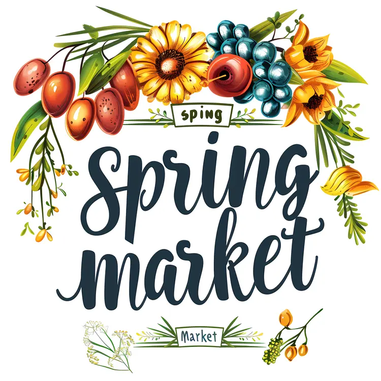 Spring Market Sign with Flowers and Fruits