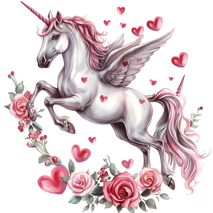 Winged Unicorn with Hearts and Flowers