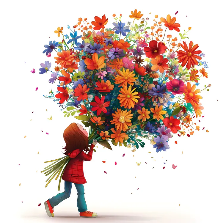 Girl Carrying a Huge Bouquet of Flowers