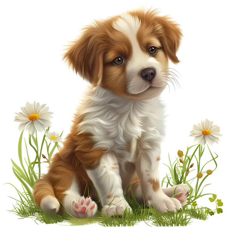 Cute Puppy with Daisies