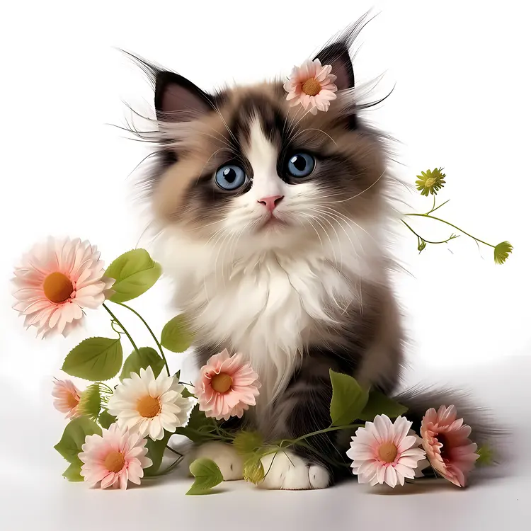 Fluffy Kitten with Flowers