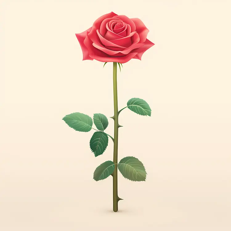 Single Red Rose with Stem and Leaves