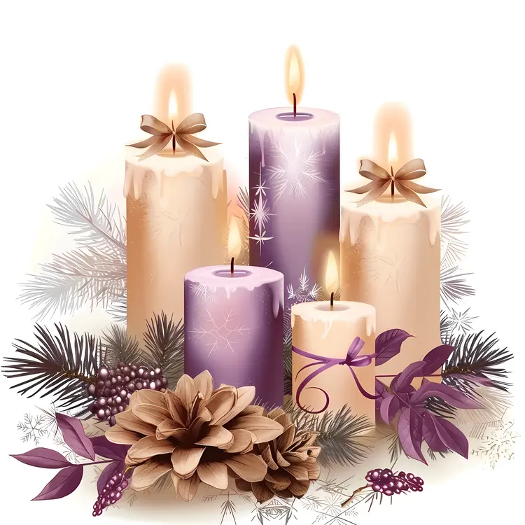 Elegant Purple and Beige Candles with Floral Decor