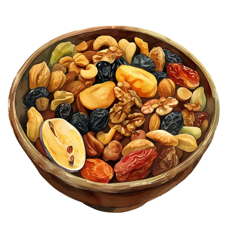 Variety of Nuts and Dried Fruits in Wooden Bowl