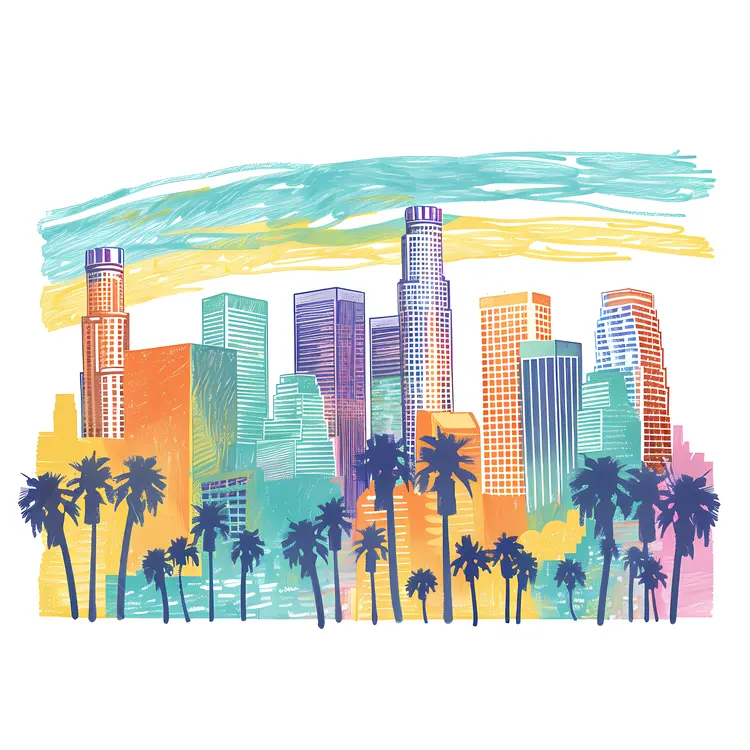 Colorful Cityscape with Palm Trees