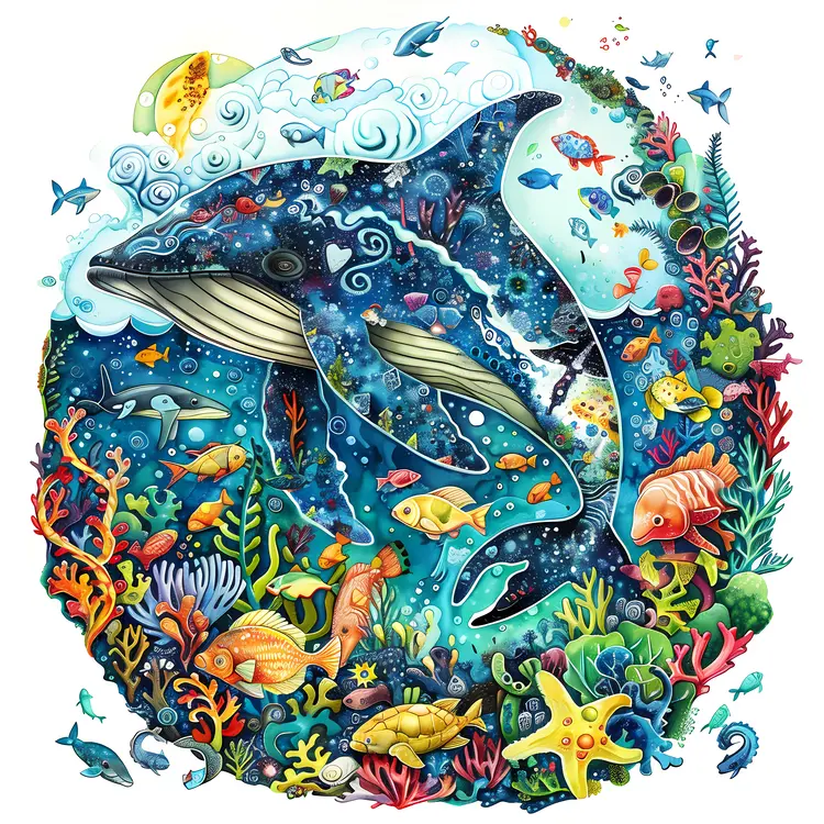 Whale and Colorful Marine Life