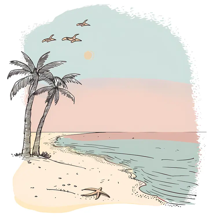 Hand-Drawn Beach Scene with Palm Trees