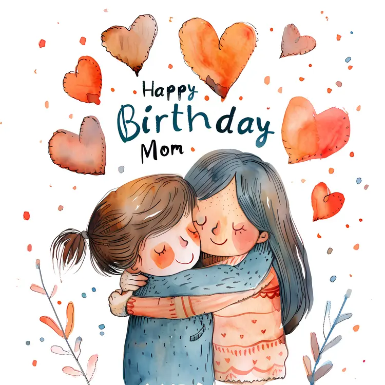 Happy Birthday Mom Card with Hugging Illustration