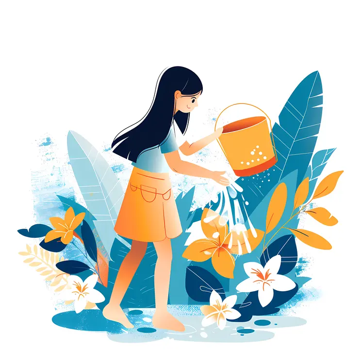 Girl Watering Flowers with Bucket