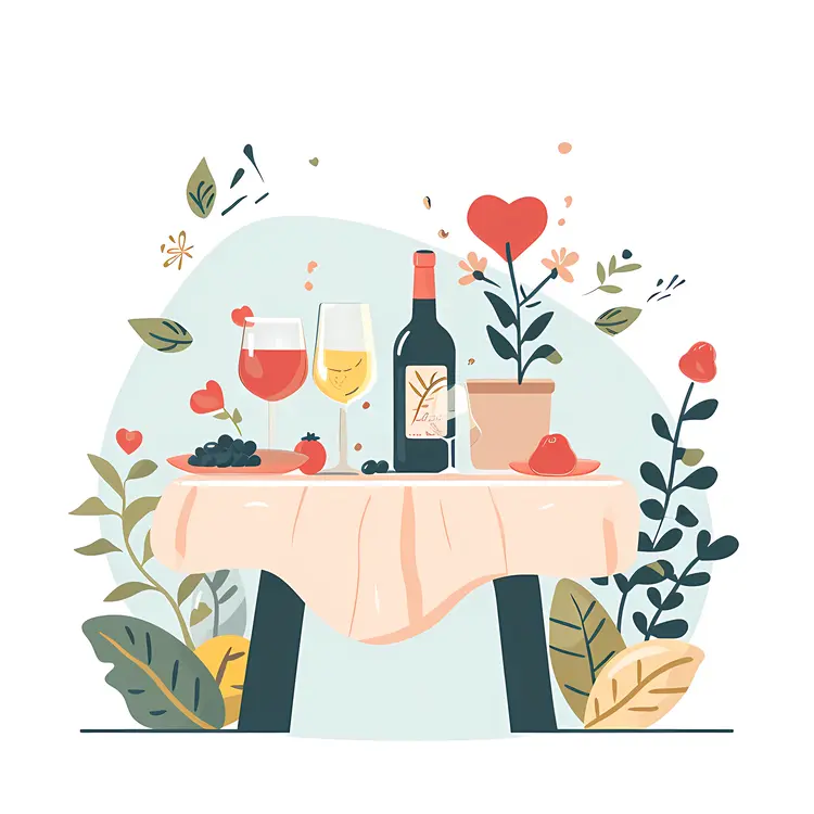 Table Set with Drinks and Flowers for a Romantic Dinner