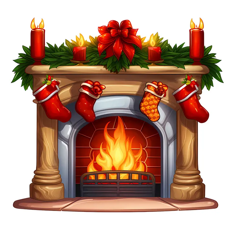 Decorated Fireplace with Christmas Stockings
