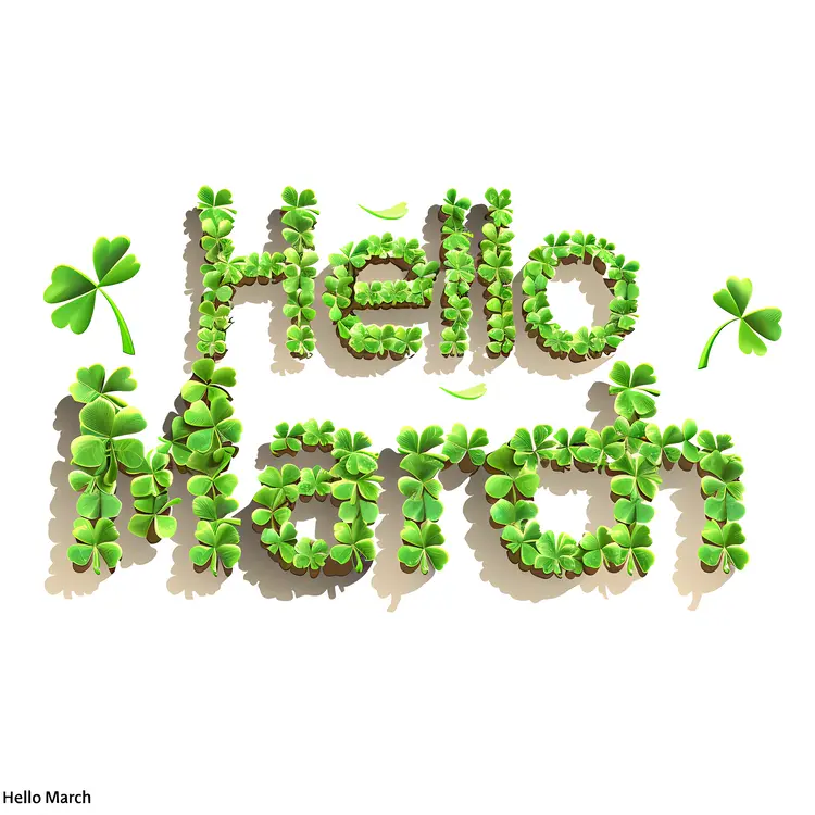 Hello March Text with Clover Pattern