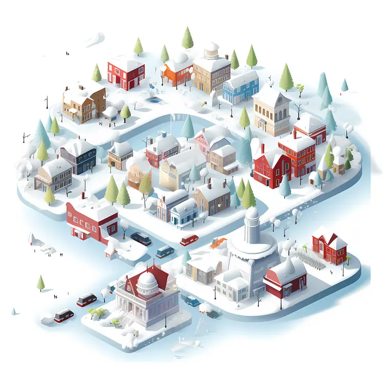 Snowy Town with Colorful Buildings