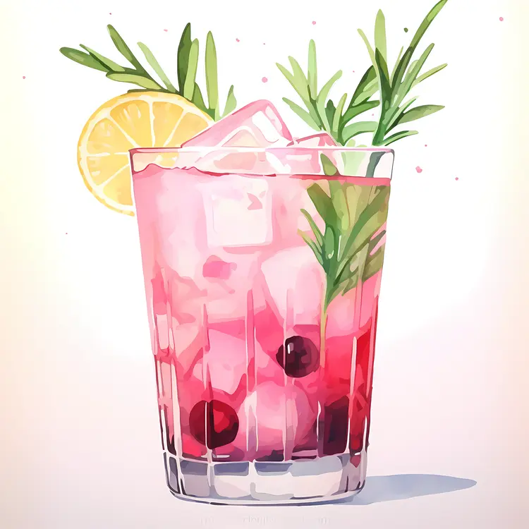 Pink Cocktail with Lemon and Rosemary Illustration