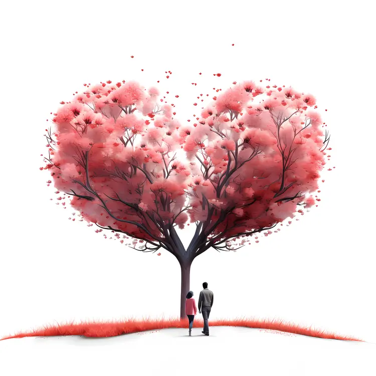 Heart-shaped Tree with Couple and Pink Blossoms