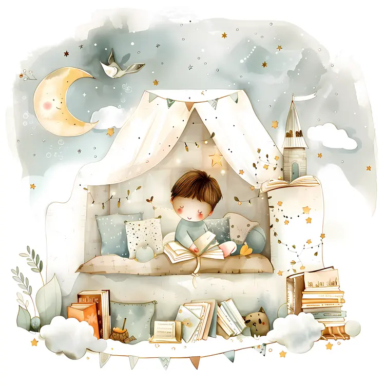 Child Reading in Tent with Moon and Stars