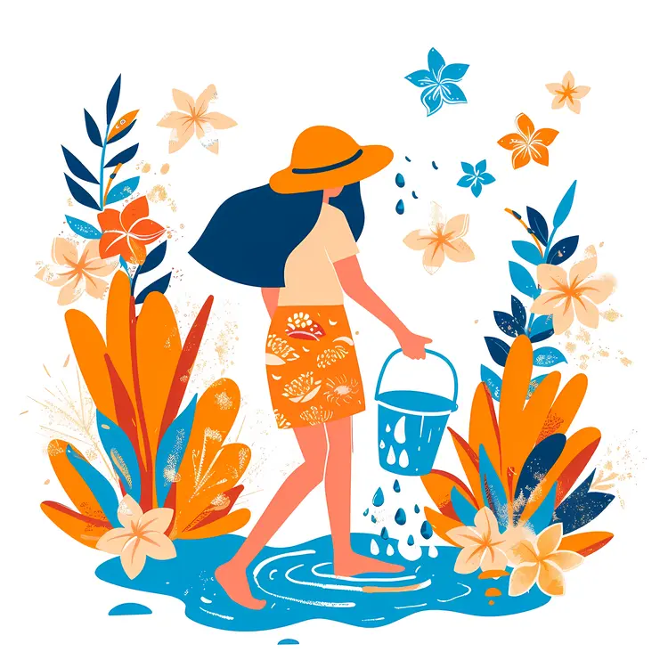 Girl Watering Flowers with Bucket