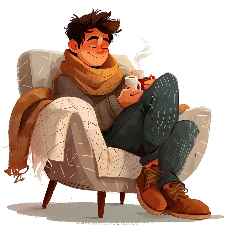 Cozy Cartoon Character with Coffee