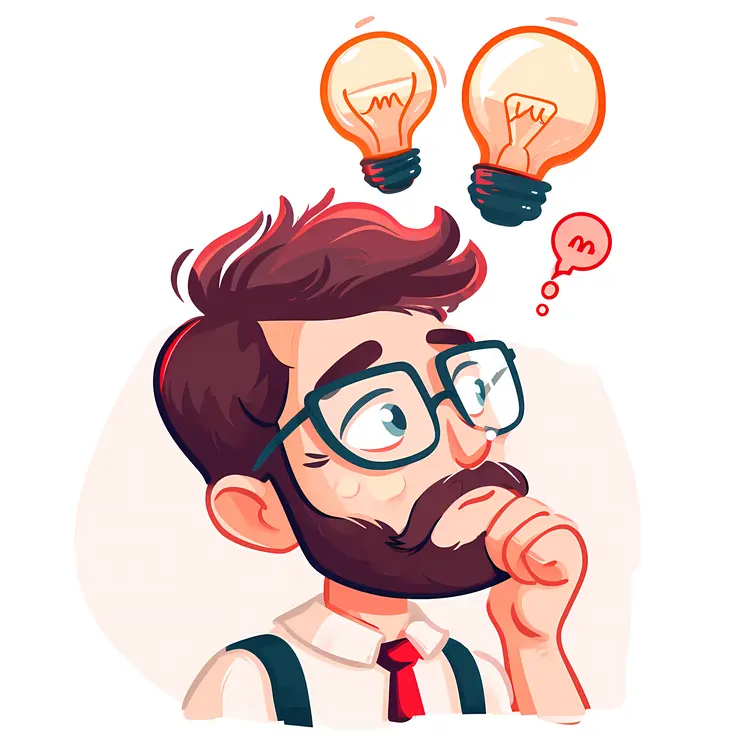 Cartoon Man with Glasses and Light Bulb Ideas