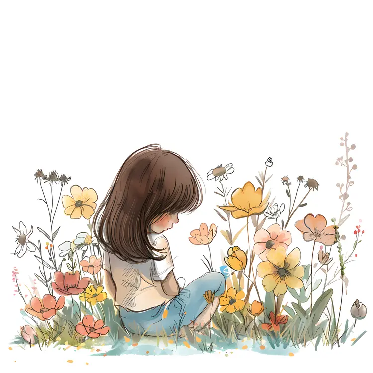 Girl Sitting in a Field of Flowers