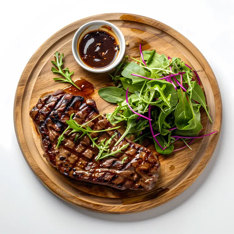 Grilled Steak with Arugula Salad on Wooden Plate