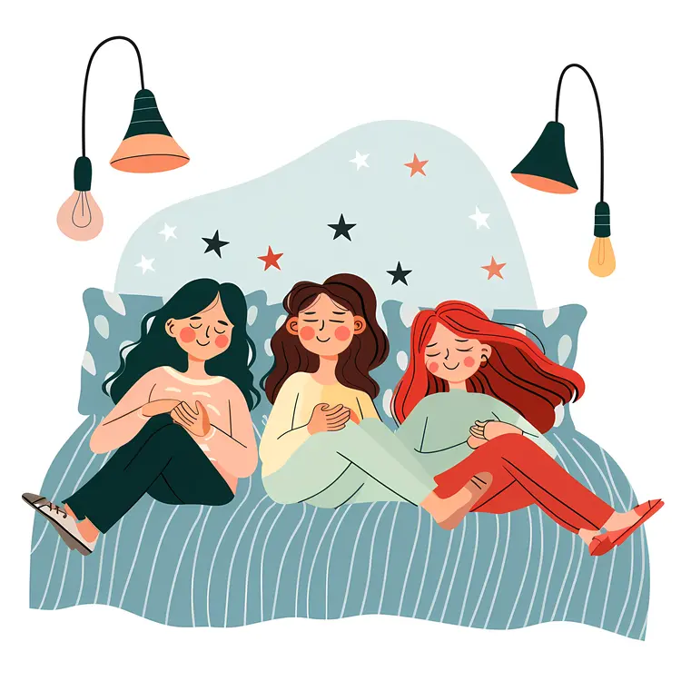 Three Girls Relaxing on a Bed