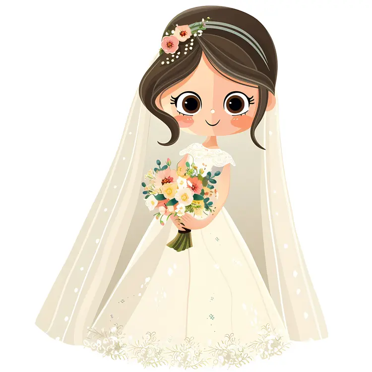 Adorable Cartoon Bride with Flowers