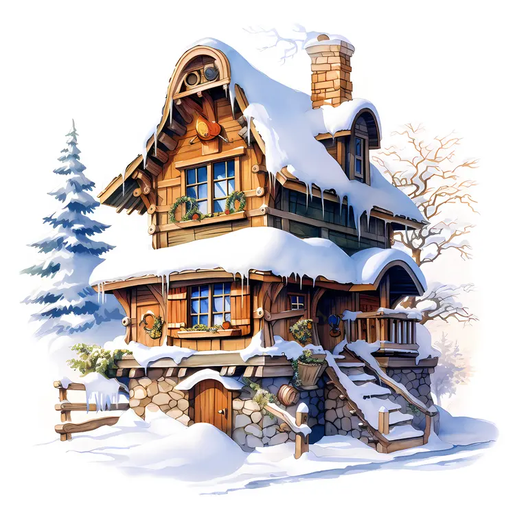 Snowy Wooden Cottage with Stairs