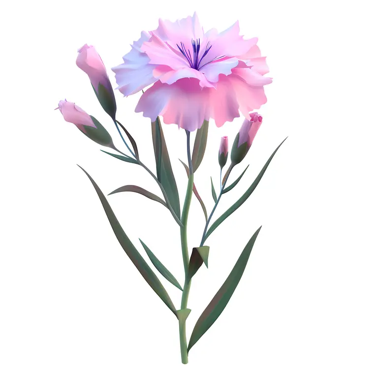 Pink Flower with Buds and Leaves