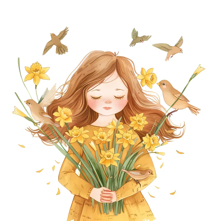 Girl Holding Daffodils with Birds