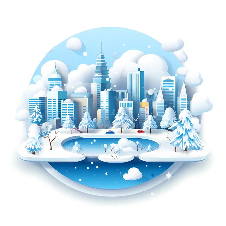 Snowy Cityscape with Frozen Lake
