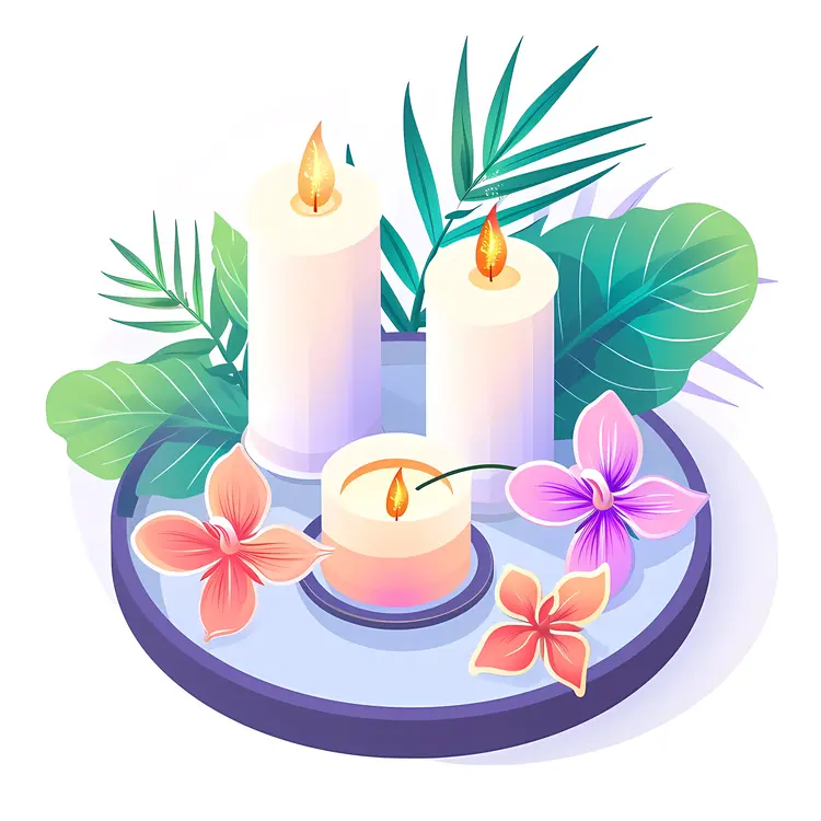 White Candles with Flowers and Leaves