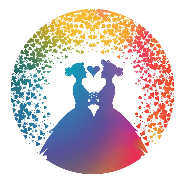 Two women in rainbow dresses