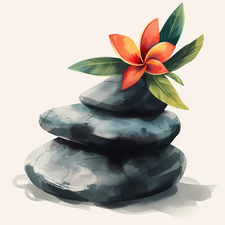 Zen Stacked Stones with Red Flower and Leaves