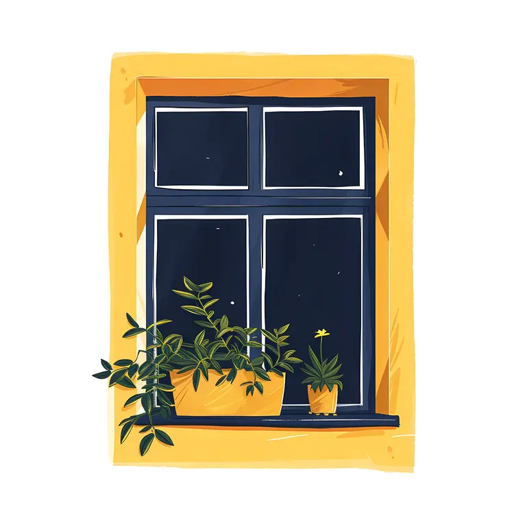 Nighttime Window with Potted Plants