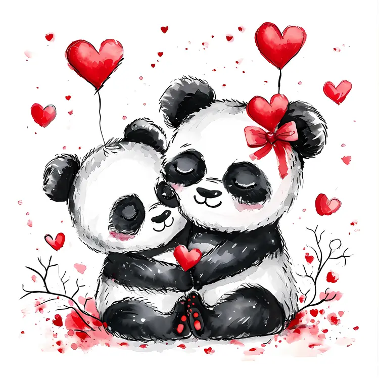 Pandas Cuddling with Hearts