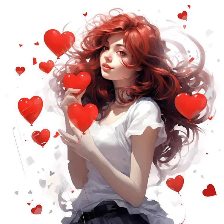 Girl Surrounded by Red Heart Balloons