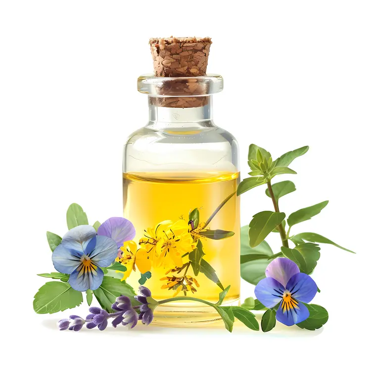 Essential Oil Bottle with Yellow and Purple Flowers