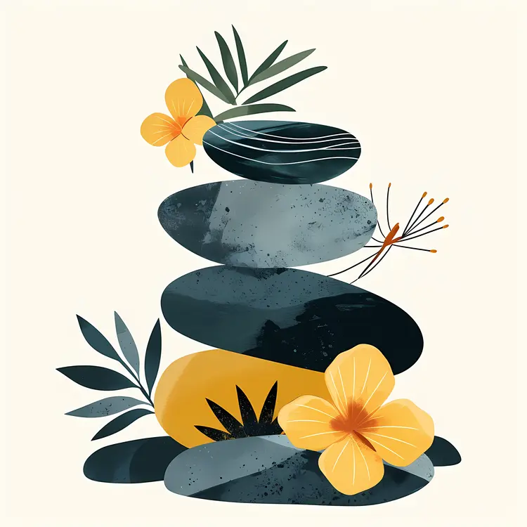 Zen Stacked Stones with Yellow Flowers and Leaves