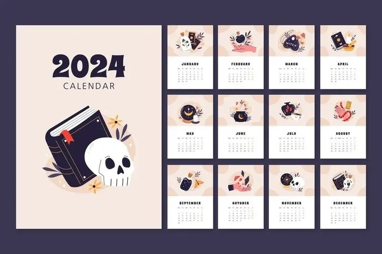 2024 Calendar with Skull and Book